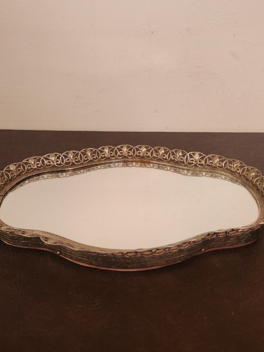 Rare vintage gold oval vanity tray features a charming French Provincial design
